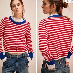 Free People Red and White Striped Cardigan NWOT